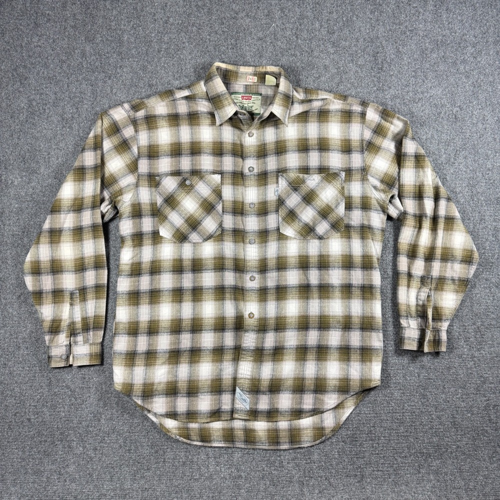 Vintage 90's Levis Plaid Cotton Mens Button Up Flannel Green Large Barn Western